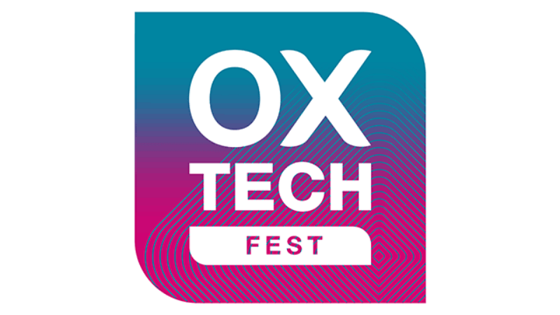 Ox Tech Fest logo - Ox Tech Fest in white font over a graduated background which changes from blue to purple to pink from the top to the bottom of the logo
